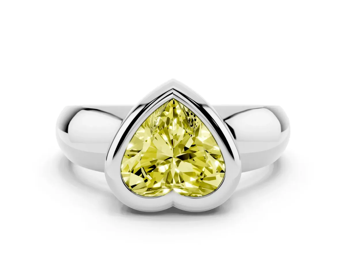 Fancy Yellow Bezel Set Heart Cut Solitaire Ring with Wide Band Silver