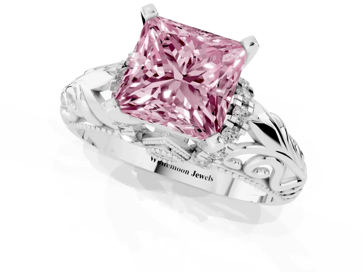 Fancy Pink Princess Cut Solitaire Filigree Engagement Ring with Halo and Prong Setting Platinum
