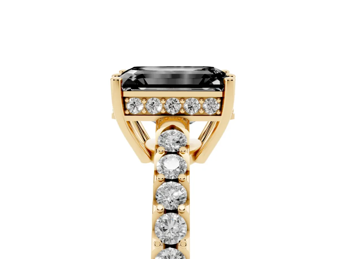 Fancy Black Emerald Cut Solitaire Diamond Engagement Ring with Pavé Band and Six-Prong Setting Yellow gold
