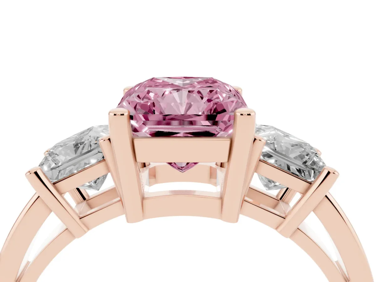 Fancy Pink Three-Stone Radiant Cut Cut Solitaire Ring with Prong Setting Rose gold
