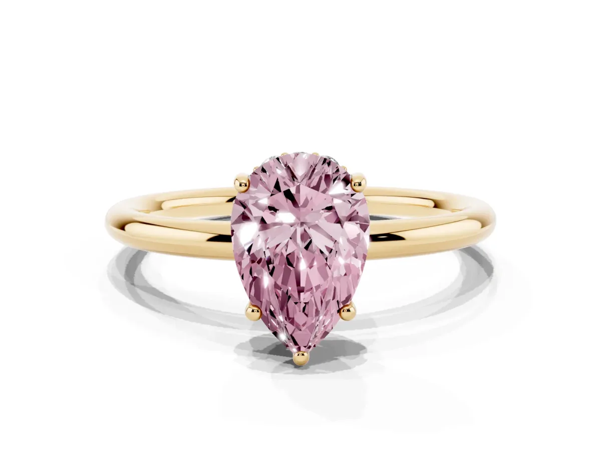 Fancy Pink Pear Cut Solitaire Diamond Ring with a Classic Band and Four-Prong Setting Yellow gold