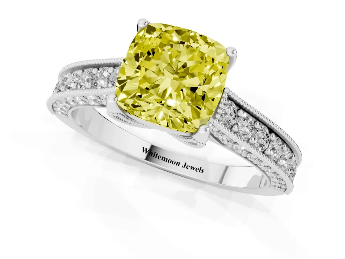 Fancy Yellow Cushion Cut Cut Diamond Solitaire Ring with Milgrain Pave Band and Four Prong Setting Silver