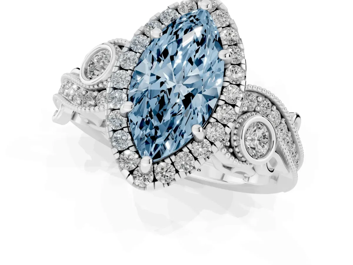Fancy Blue Marquise Cut Diamond Halo Ring with Milgrain Pavé Band and Four-Prong Setting Silver