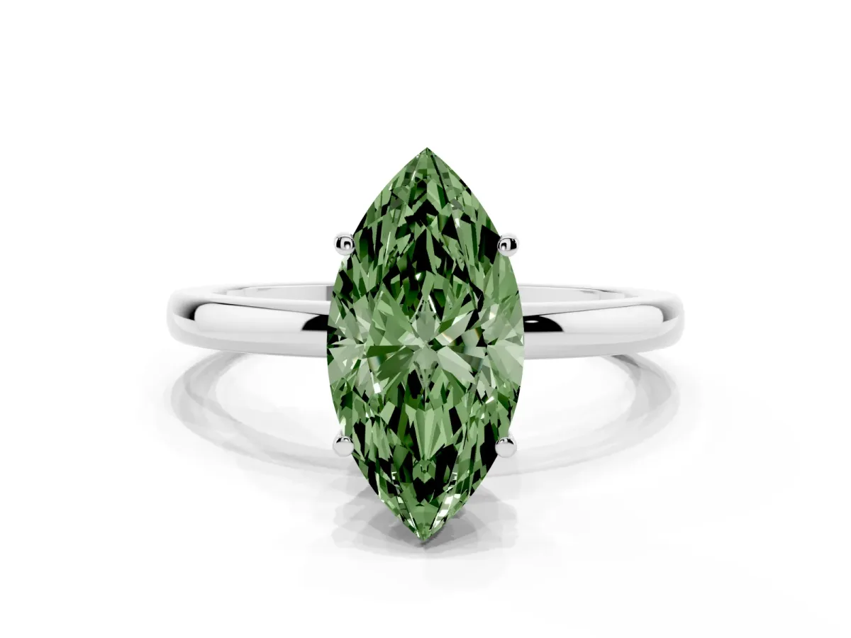 Fancy Green Marquise Cut Solitaire Diamond Ring with Prong Setting and Plain Band Silver