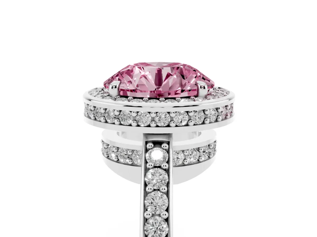 Fancy Pink Round Cut Halo Pave Band Solitaire Ring with Prong Setting Silver