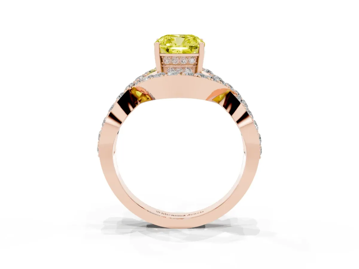 Fancy Yellow Cushion Cut Solitaire Twist Band Pavé Diamond Engagement Ring Rose gold