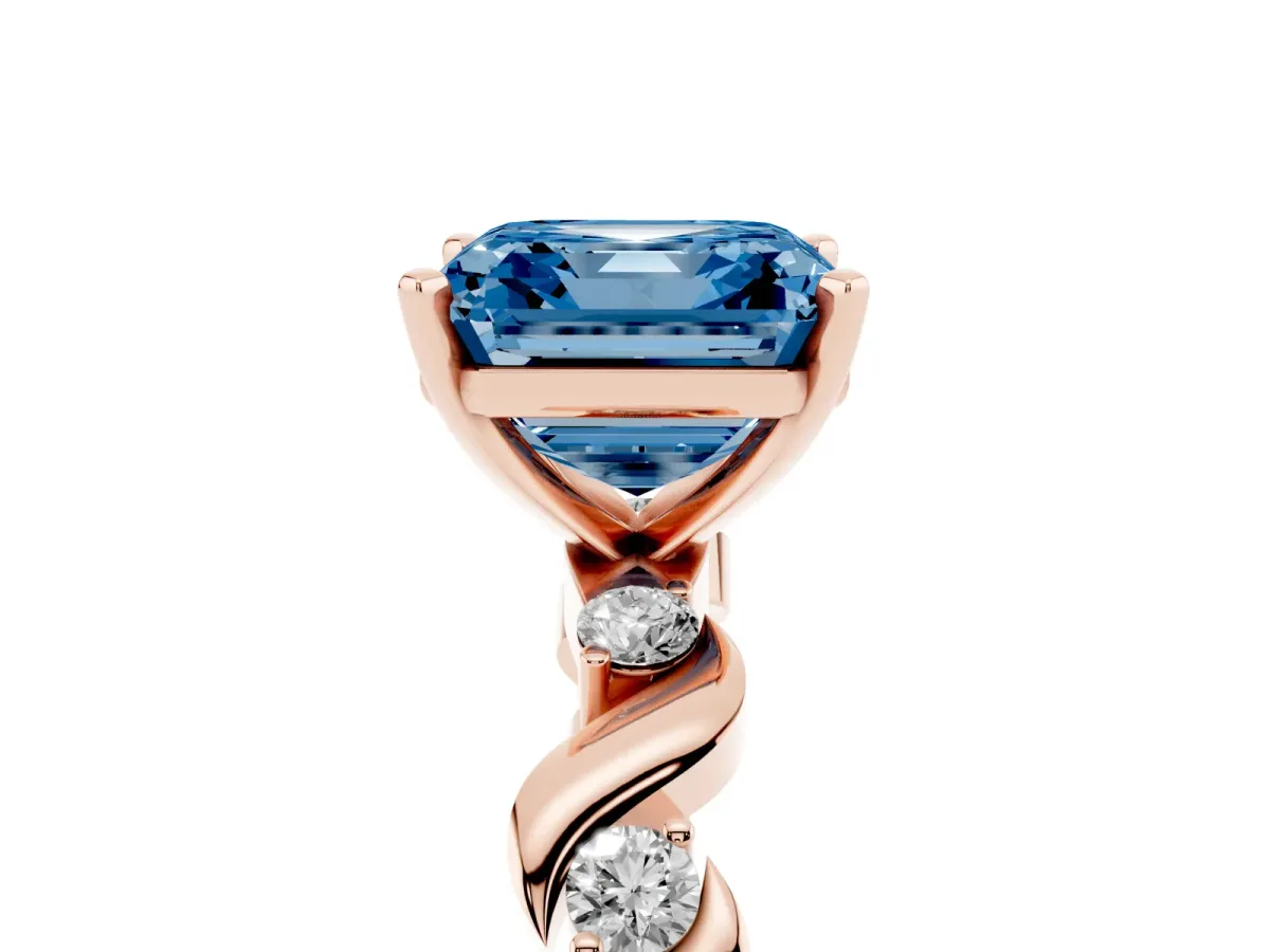 Fancy Blue Asscher Cut Diamond Solitaire Twisted Band with Round Accents and Prong Setting Rose gold