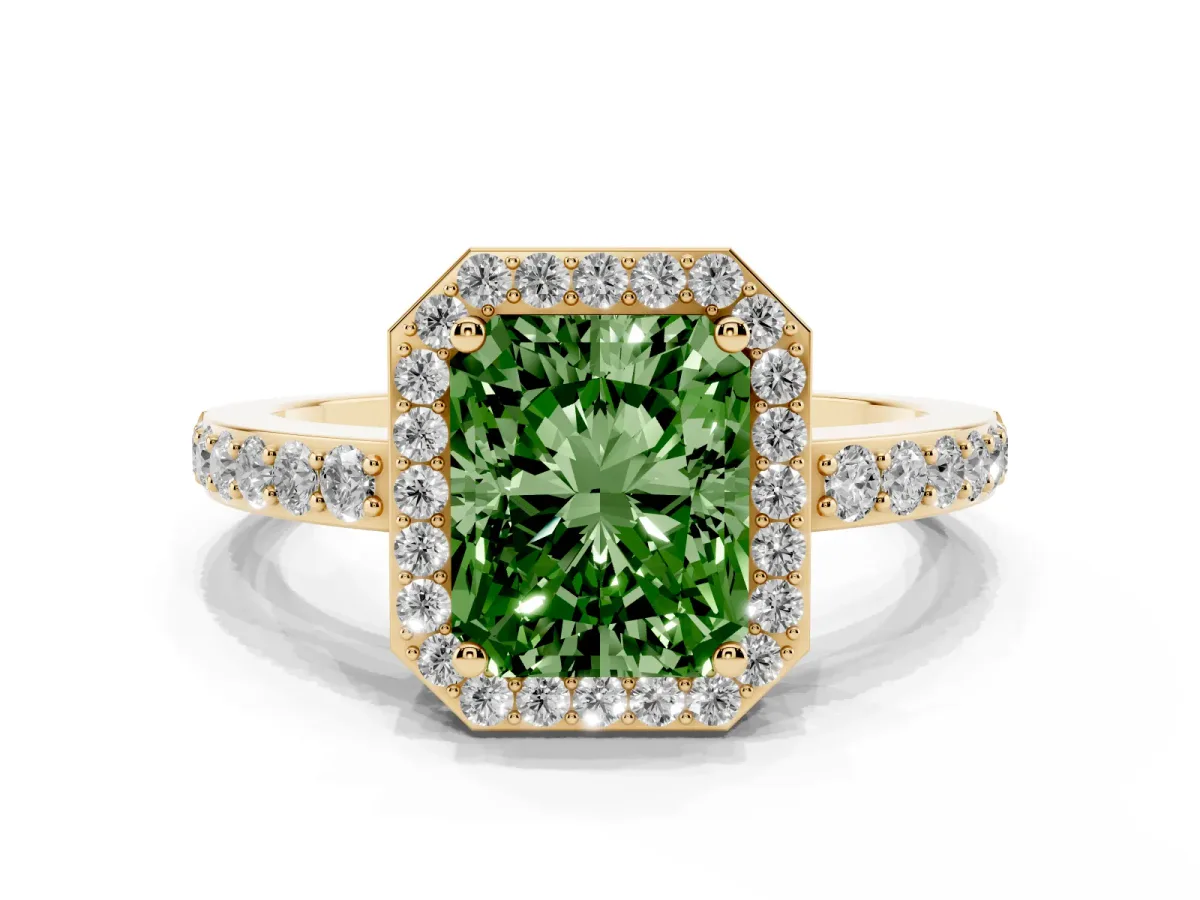 Fancy Green Radiant Cut Halo Diamond Pavé Band Ring with Prong Setting Yellow gold