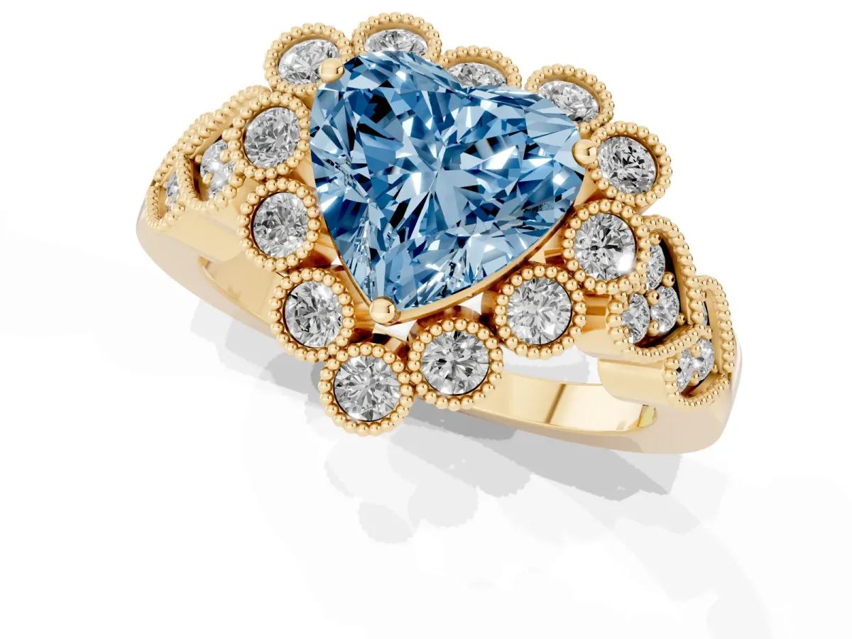 Fancy Blue Heart Cut Brilliant Milgrain Pave Heart Band Solitaire Ring Yellow gold