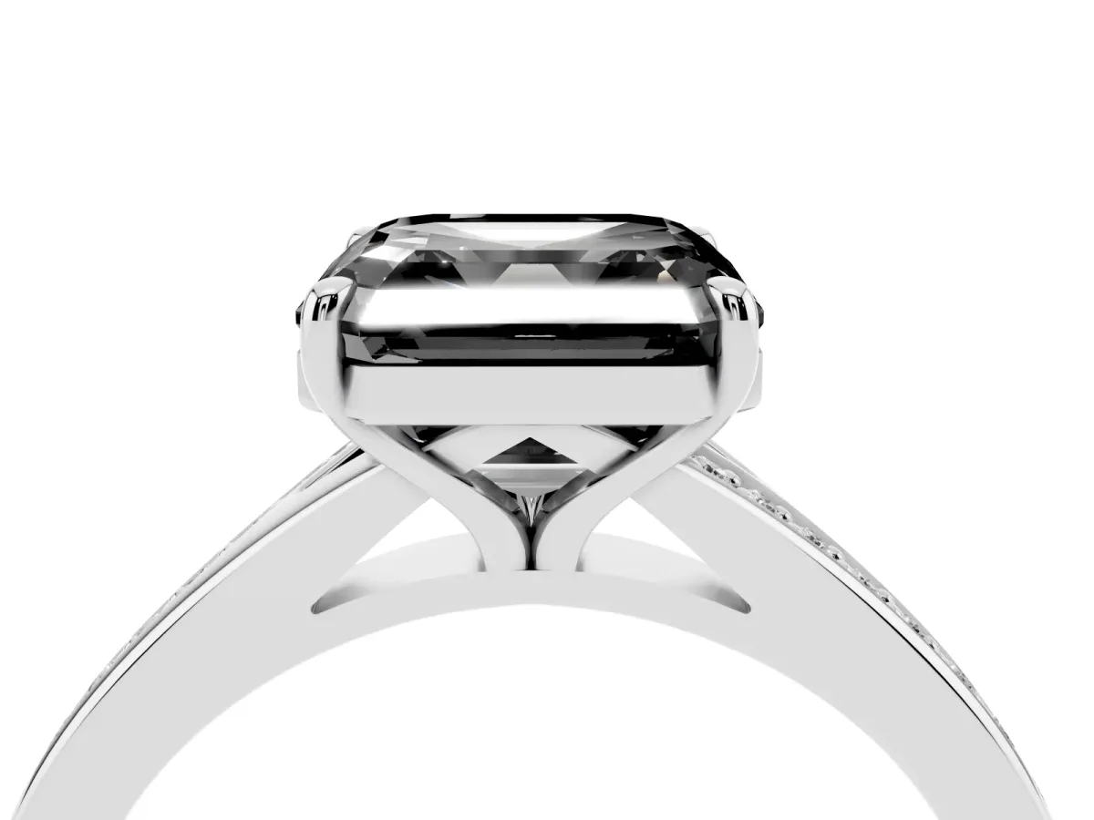 Fancy Black Asscher Cut Diamond Solitaire Ring with Pavé Band and Prong Setting Silver