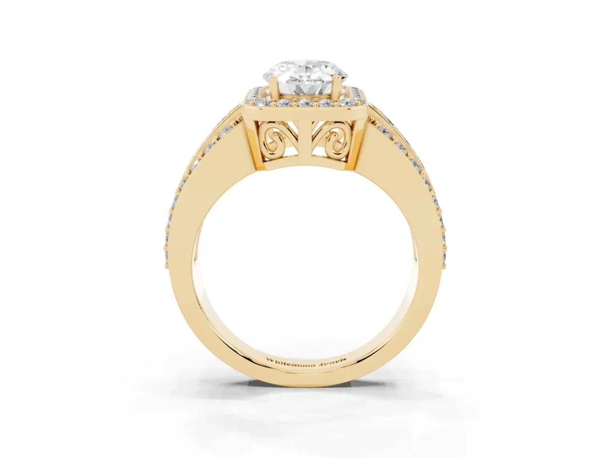 Oval Cut Halo Diamond Ring with Round Split Shank and Prong Setting Yellow gold