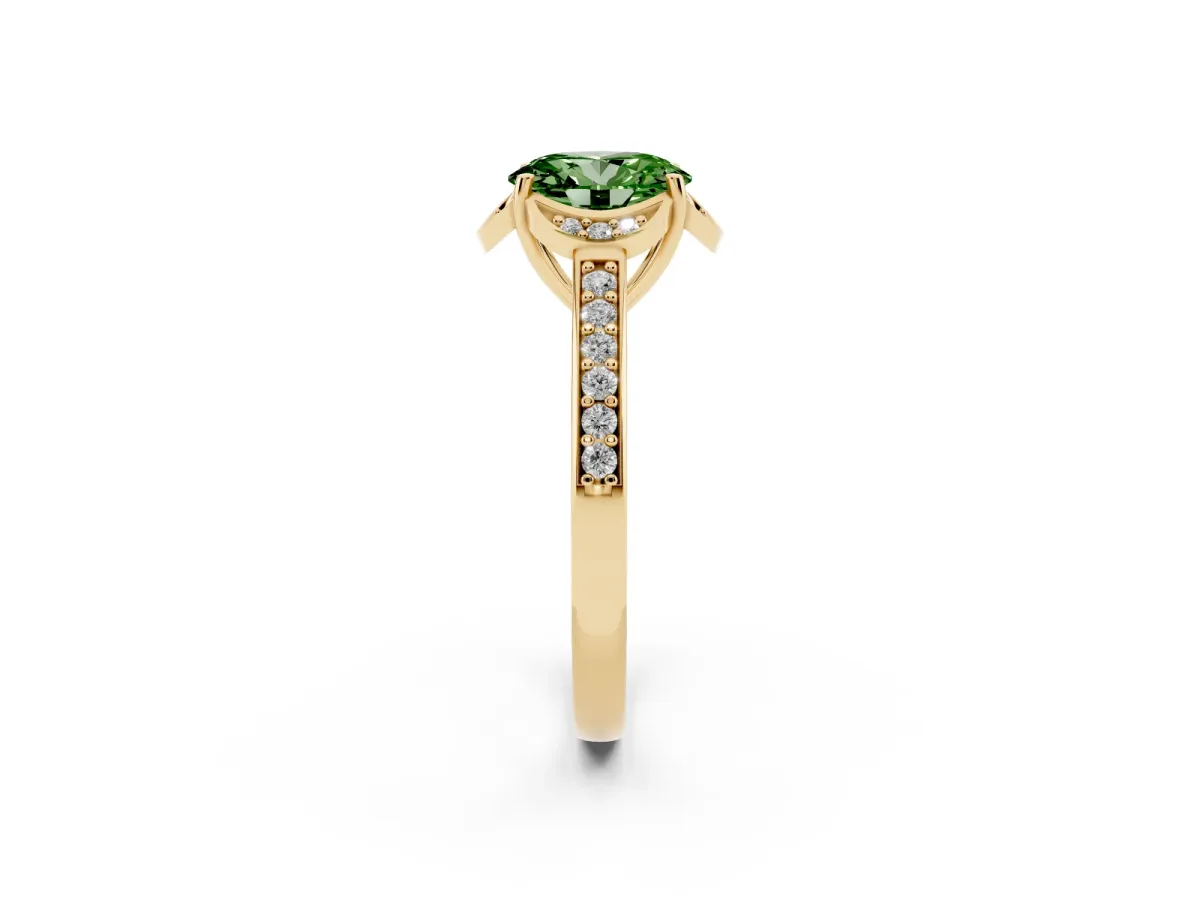 Fancy Green Oval Cut Cut Halo Diamond Ring with Channel Set Band and Four-Prong Setting Yellow gold