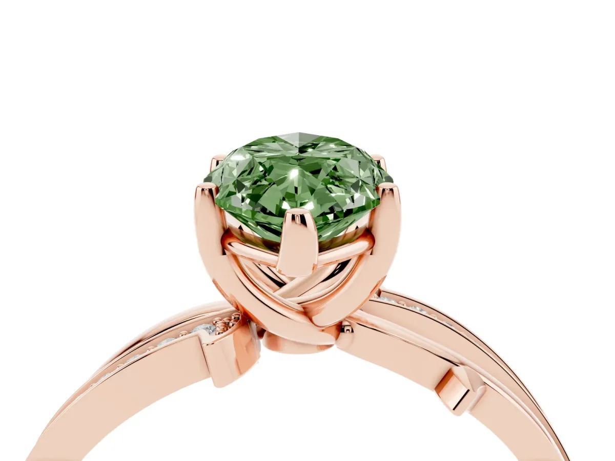 Fancy Green Marquise Cut Solitaire Twist Band with Pavé Accents and Four-Prong Setting Rose gold