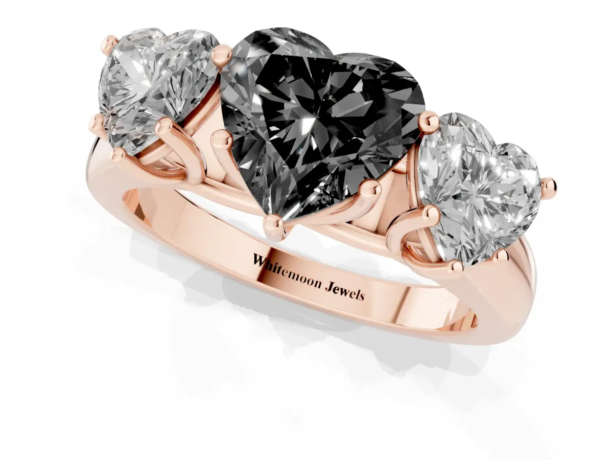 Fancy Black Heart Cut Three-Stone Diamond Ring with Prong Setting on a Classic Band Rose gold