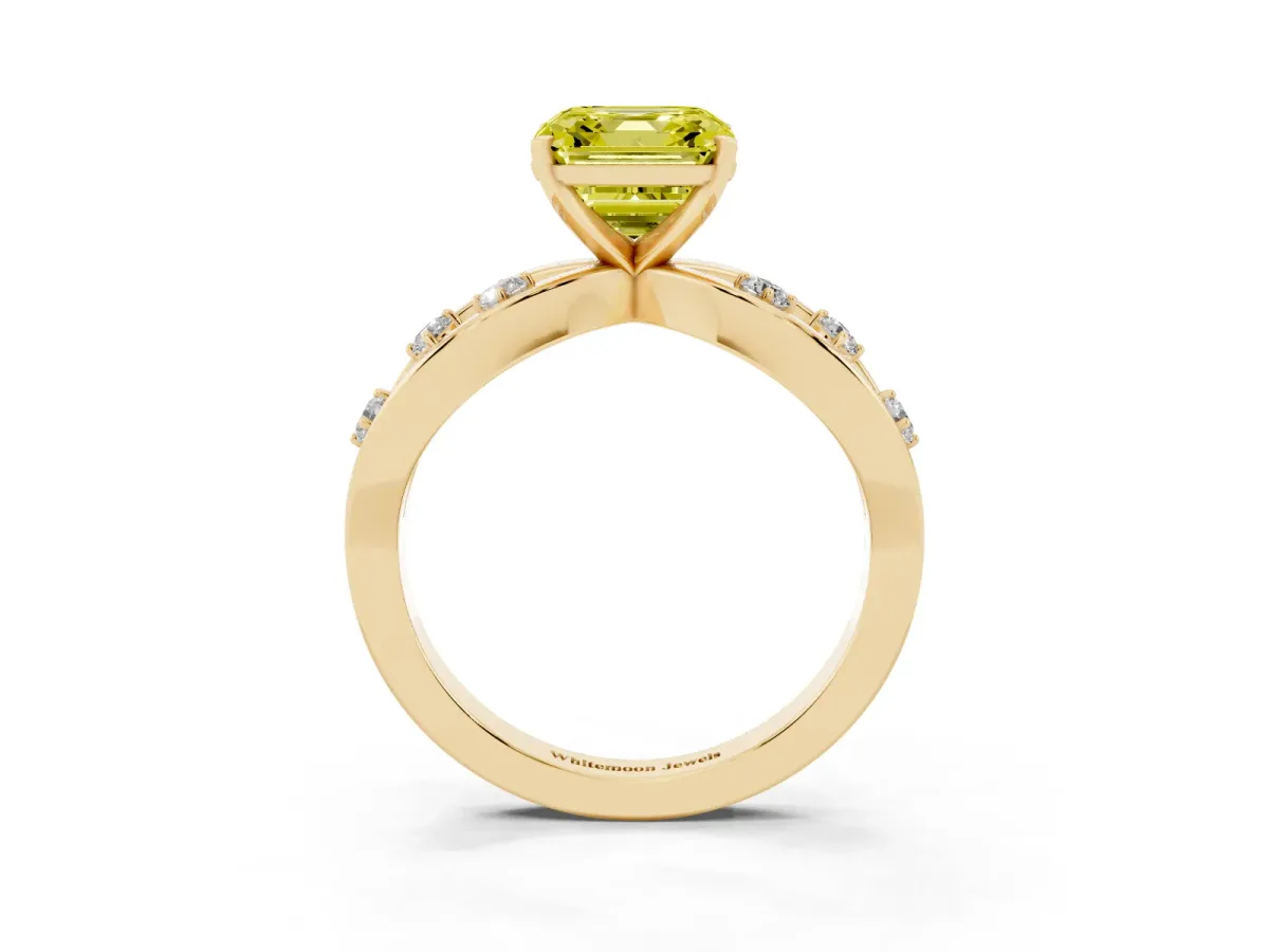 Fancy Yellow Asscher Cut Cut Solitaire Diamond with Side Stones on Criss-Cross Band and Four-Prong Setting Yellow gold