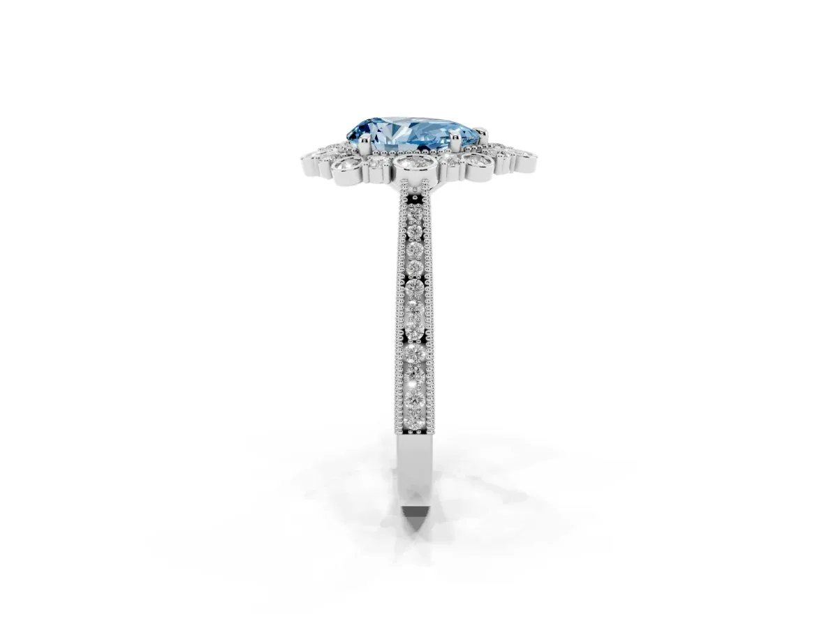 Fancy Blue Pear Cut Halo Milgrain Pave Diamond Ring with Four-Prong Setting Silver