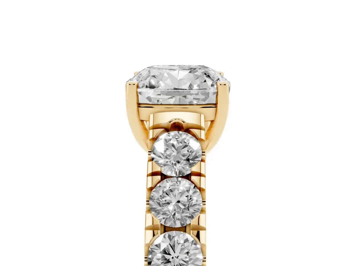 Cushion Cut Cut Diamond Solitaire Ring with Micro Pave Band and Prong Setting Yellow gold