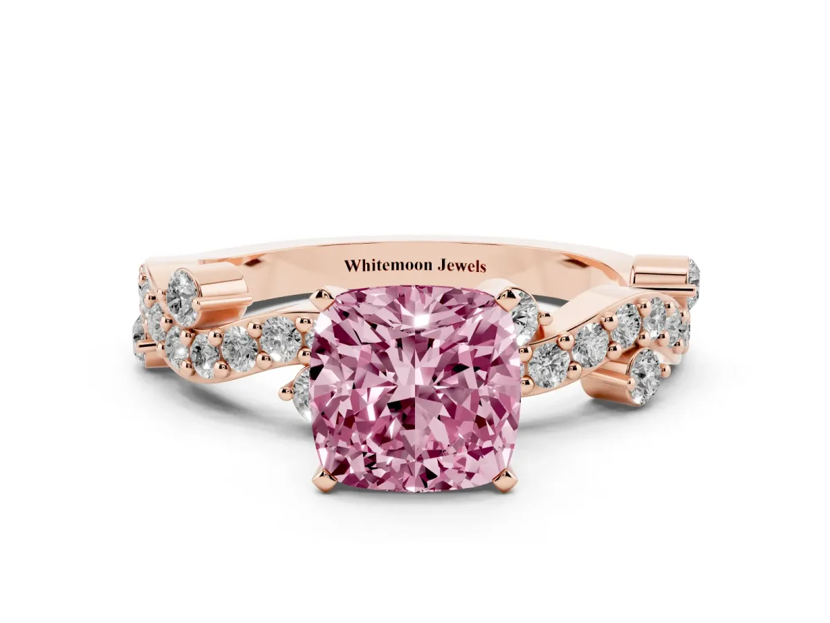 Fancy Pink Cushion Cut Cut Solitaire Diamond Twisted Band with Pave Setting Rose gold