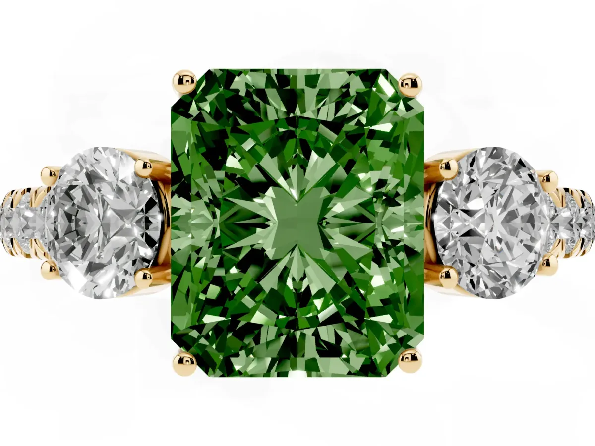Fancy Green Radiant Cut Cut Diamond Three-Stone Ring with Round Side Stones and Pavé Band Yellow gold