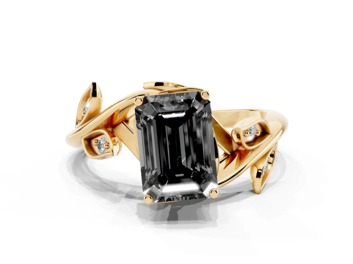 Fancy Black Emerald Cut Solitaire Twist Engagement Ring with Leaf Accents and Prong Setting Yellow gold