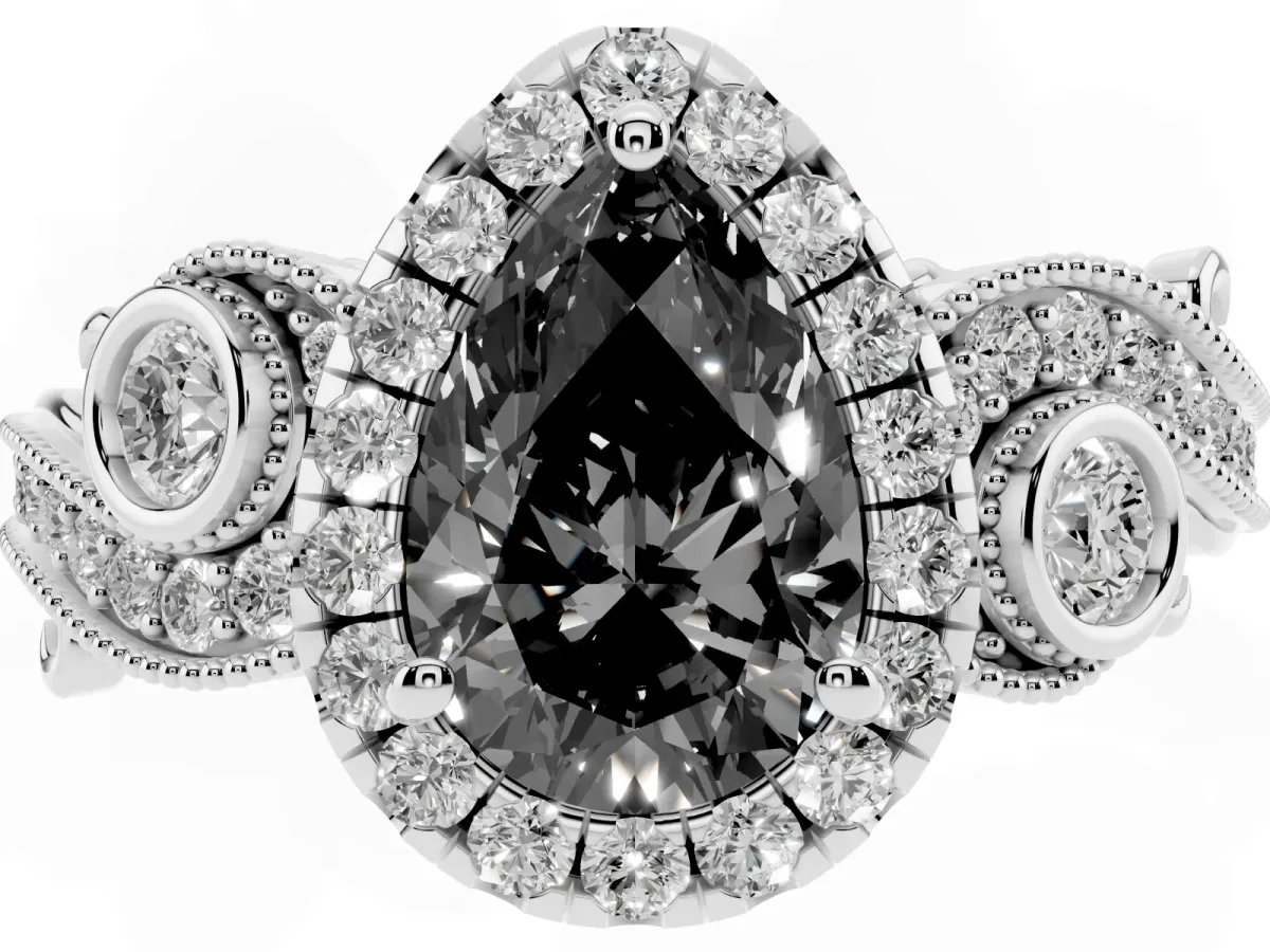 Fancy Black Pear Cut Halo Diamond Ring with Milgrain and Bezel Accents on a Split Shank Band Platinum
