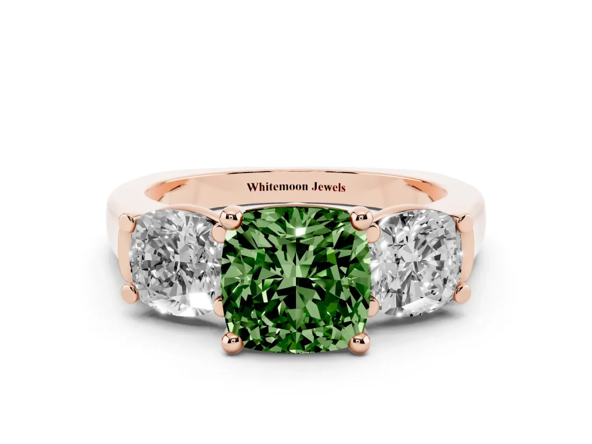 Fancy Green Three-Stone Cushion Cut Brilliant Diamond Trellis Ring with Comfort Fit Band Rose gold