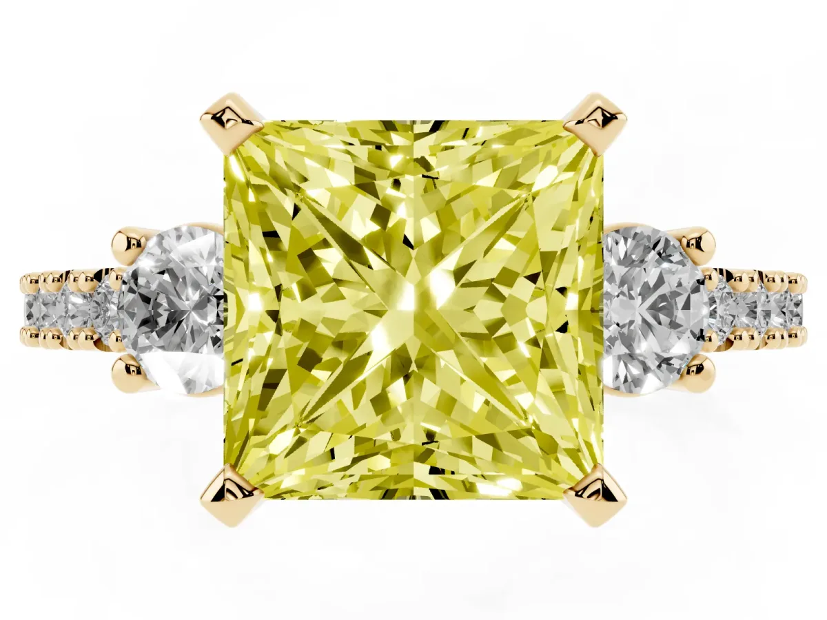 Fancy Yellow Princess Cut Three-Stone Diamond Pavé Band with Prong Setting Yellow gold