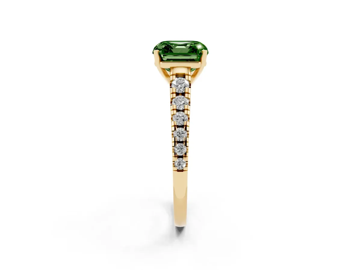 Fancy Green Asscher Cut Diamond Cathedral Solitaire Ring with Round Pavé Band Yellow gold