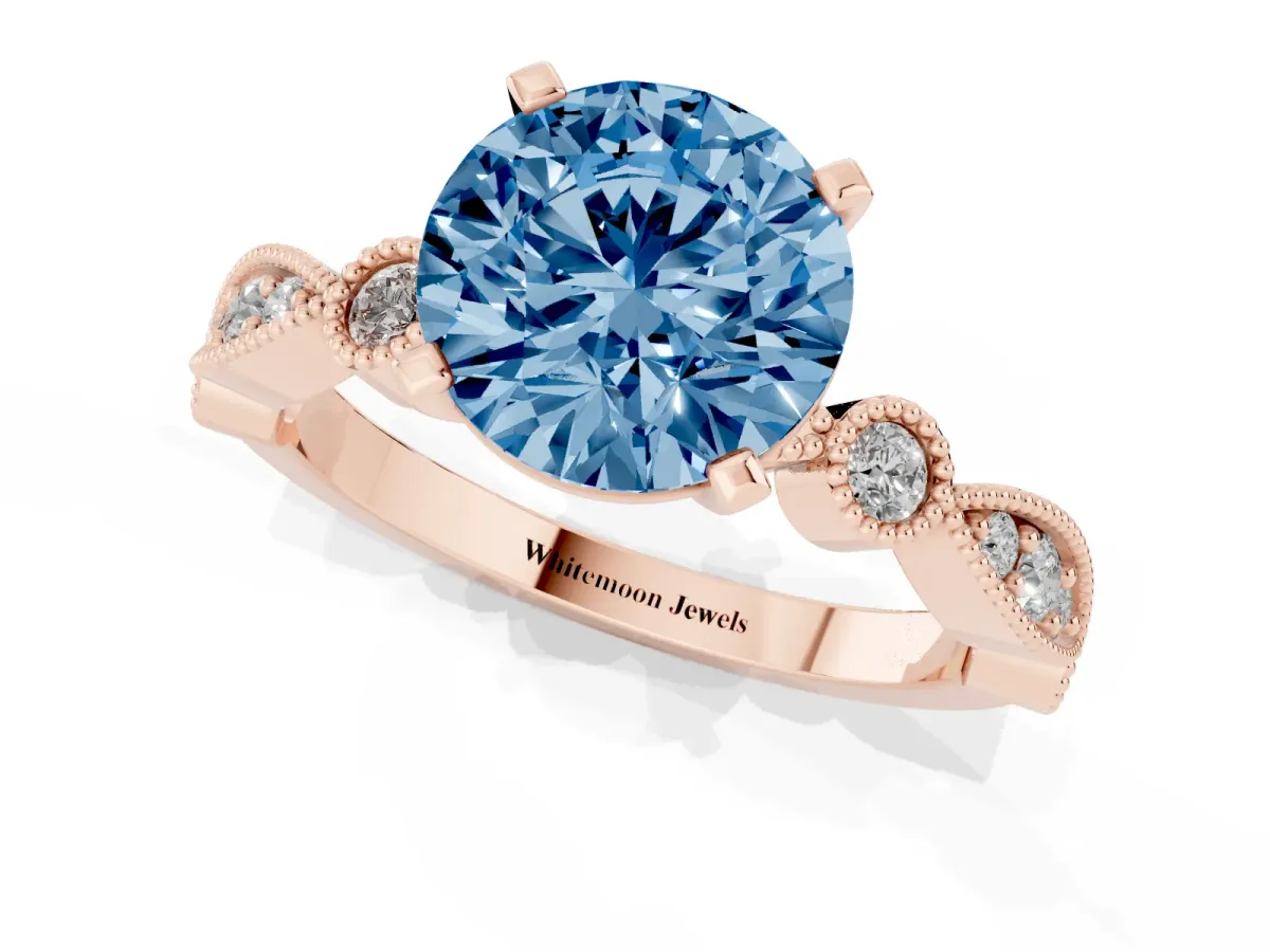 Fancy Blue Round Cut Milgrain Bezel Diamond Engagement Ring with Solitaire Prong Setting Rose gold