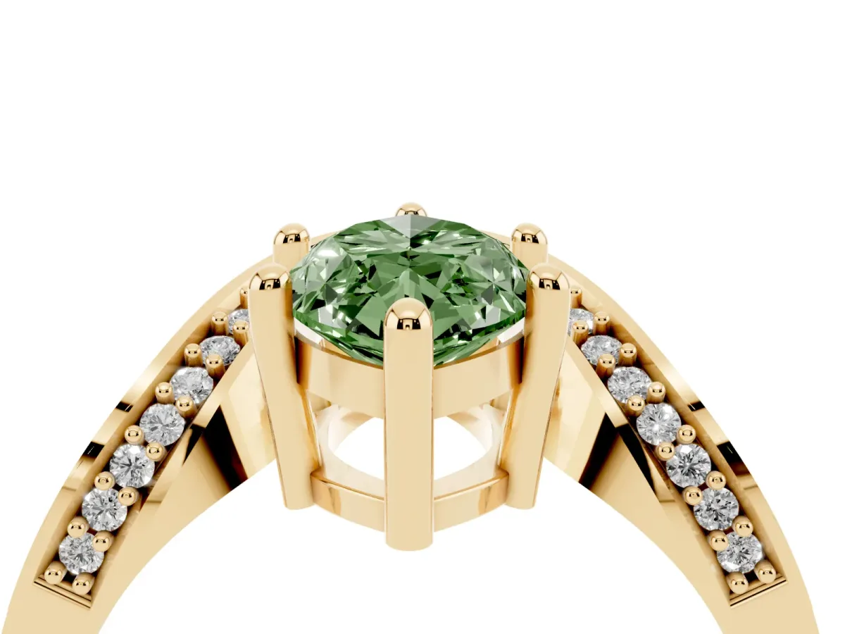 Fancy Green Marquise Cut Solitaire Diamond Engagement Ring with Pave Band and Four-Prong Setting Yellow gold