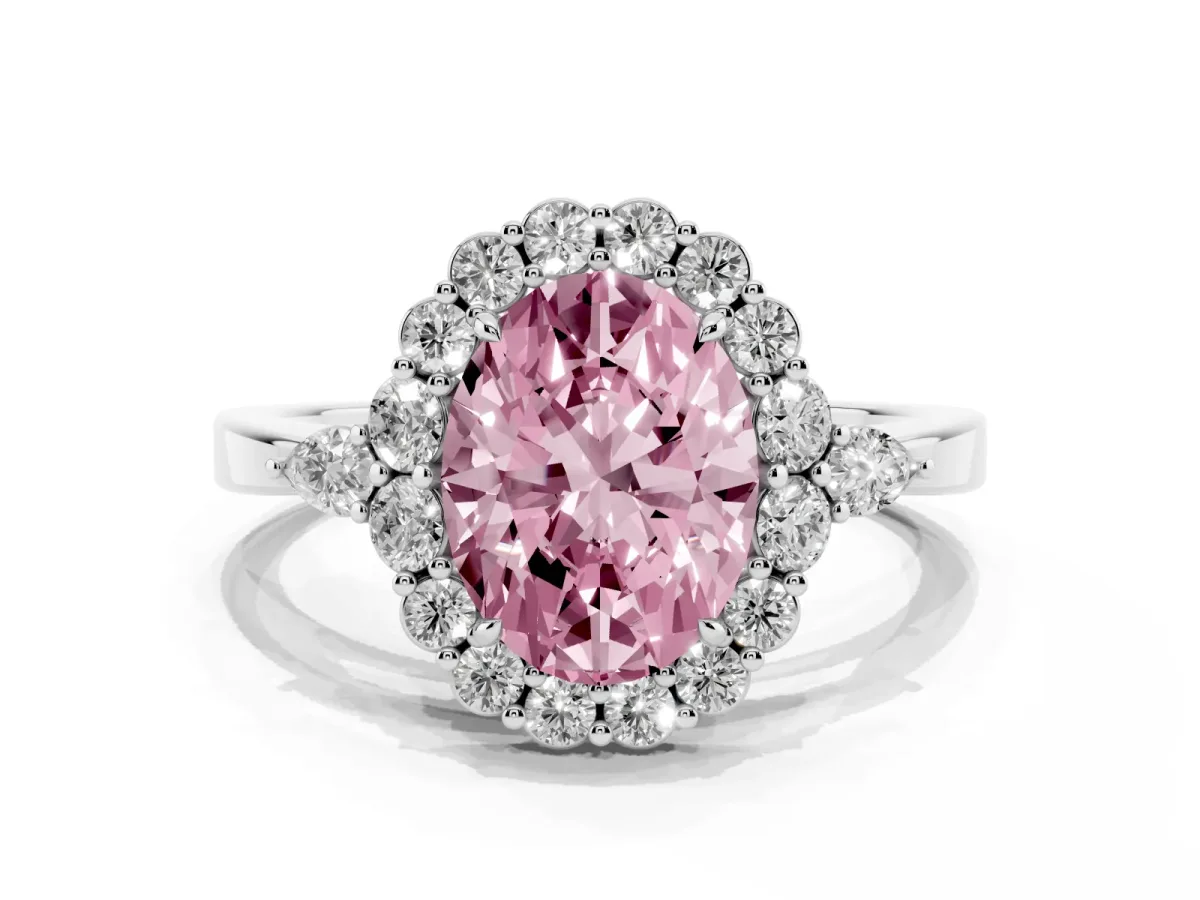 Fancy Pink Oval Cut Diamond Halo Ring with Pear Side Stones and Prong Setting Silver