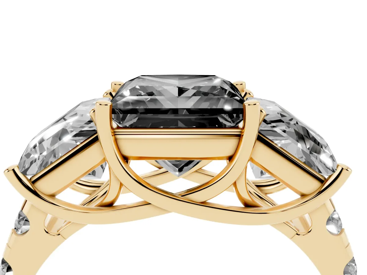Fancy Black Three-Stone Princess Cut Diamond Pavé Band with Prong Setting Yellow gold