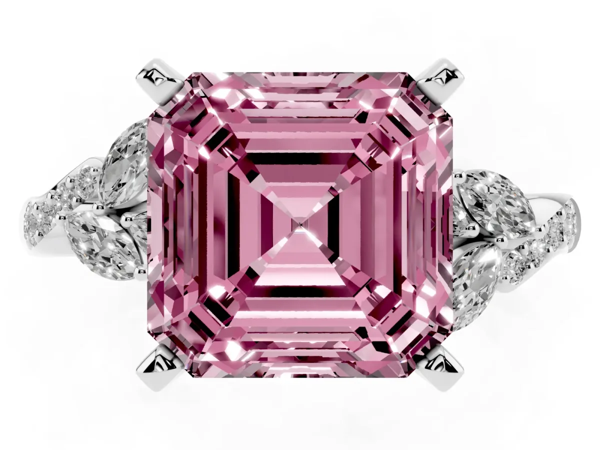 Fancy Pink Asscher Cut Solitaire Marquise Twist Band with Six-Prong Setting White gold