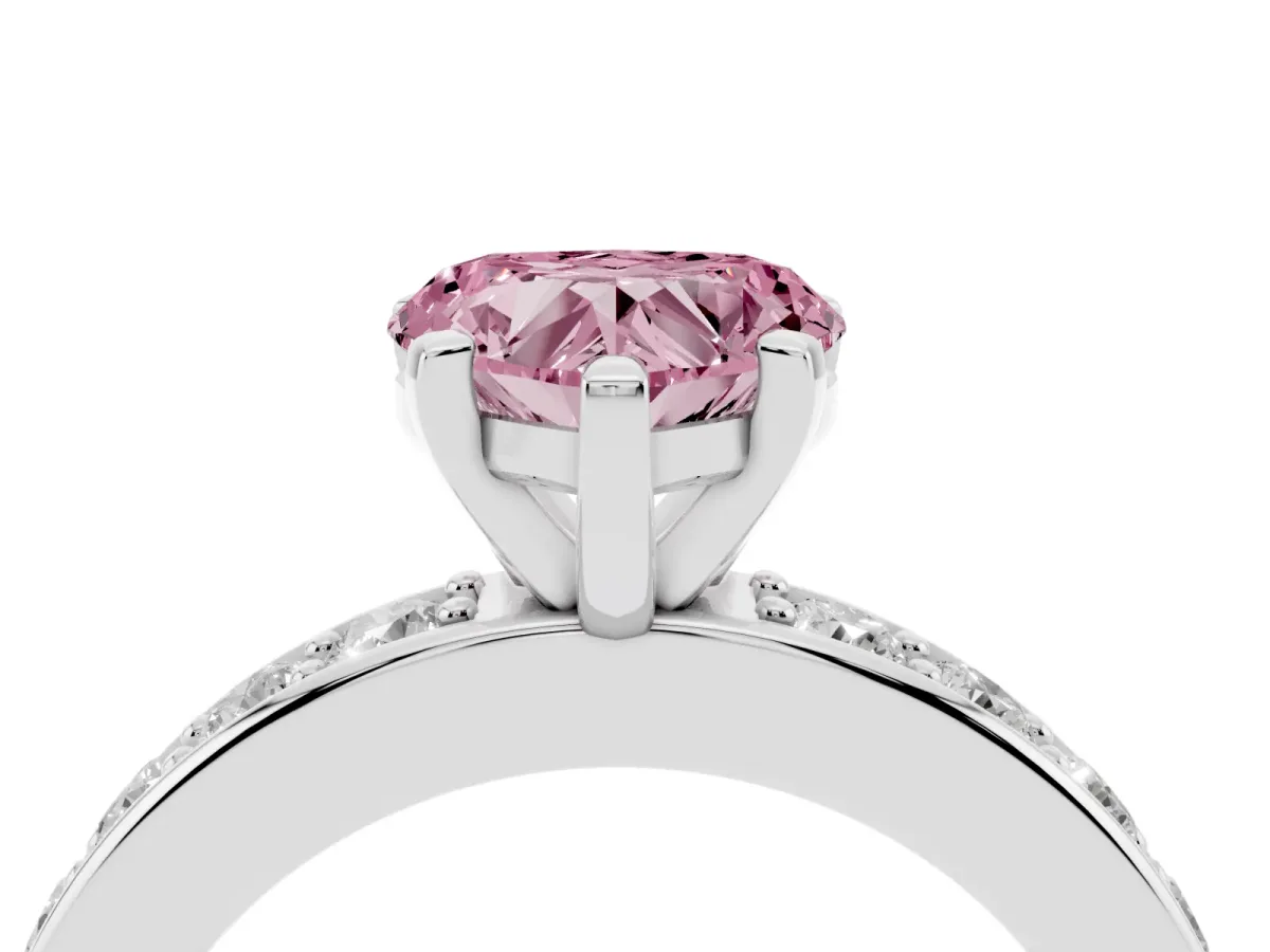 Fancy Pink Heart Cut Diamond Engagement Ring with Channel Set Round Band and Prong Setting White gold
