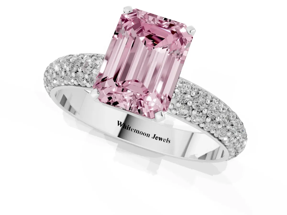 Fancy Pink Emerald Cut Diamond Solitaire Ring with Prong Setting and Pavé Band Silver