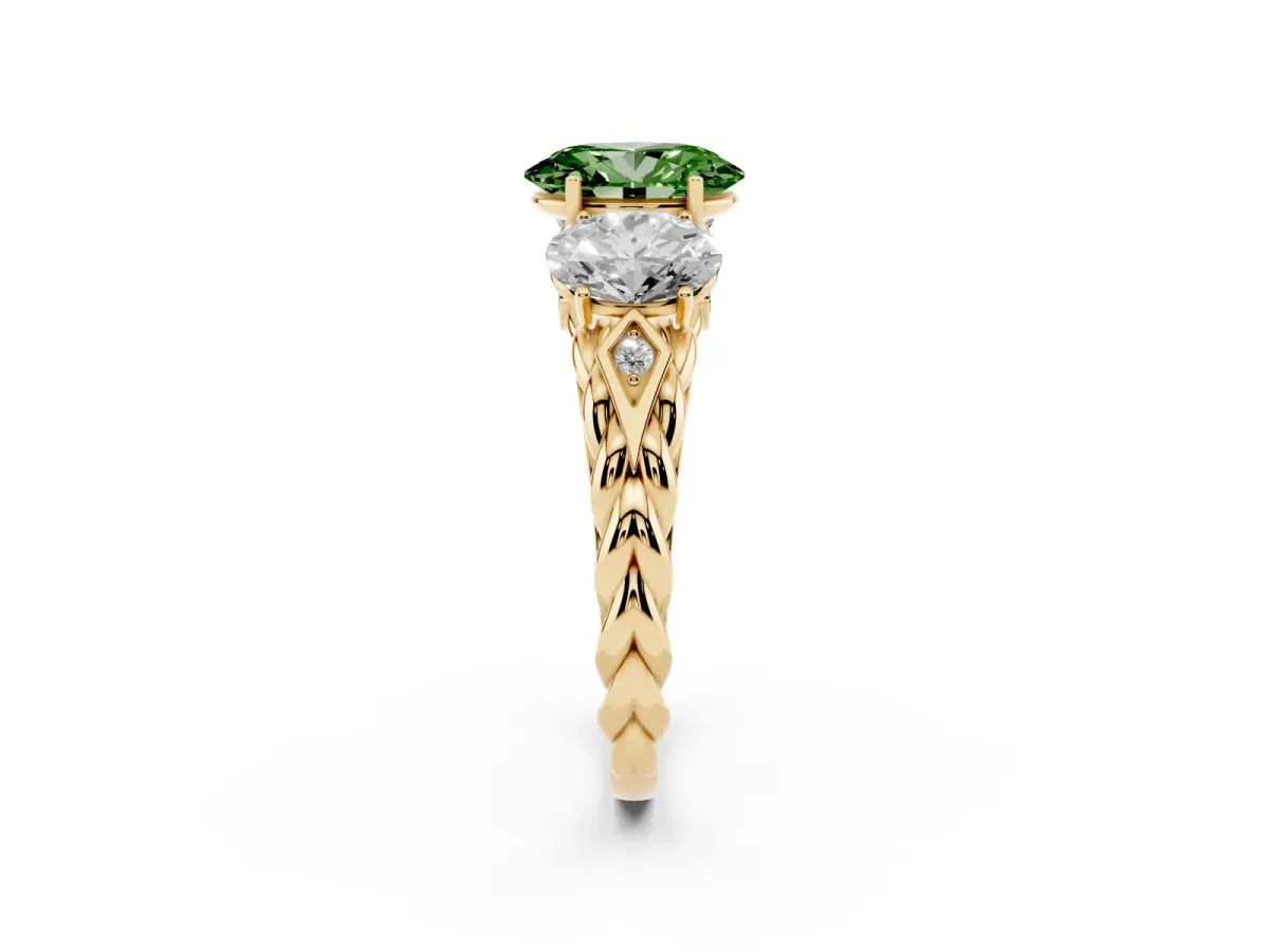 Fancy Green Three-Stone Oval Cut Diamond Braided Band Ring with Four-Prong Setting Yellow gold