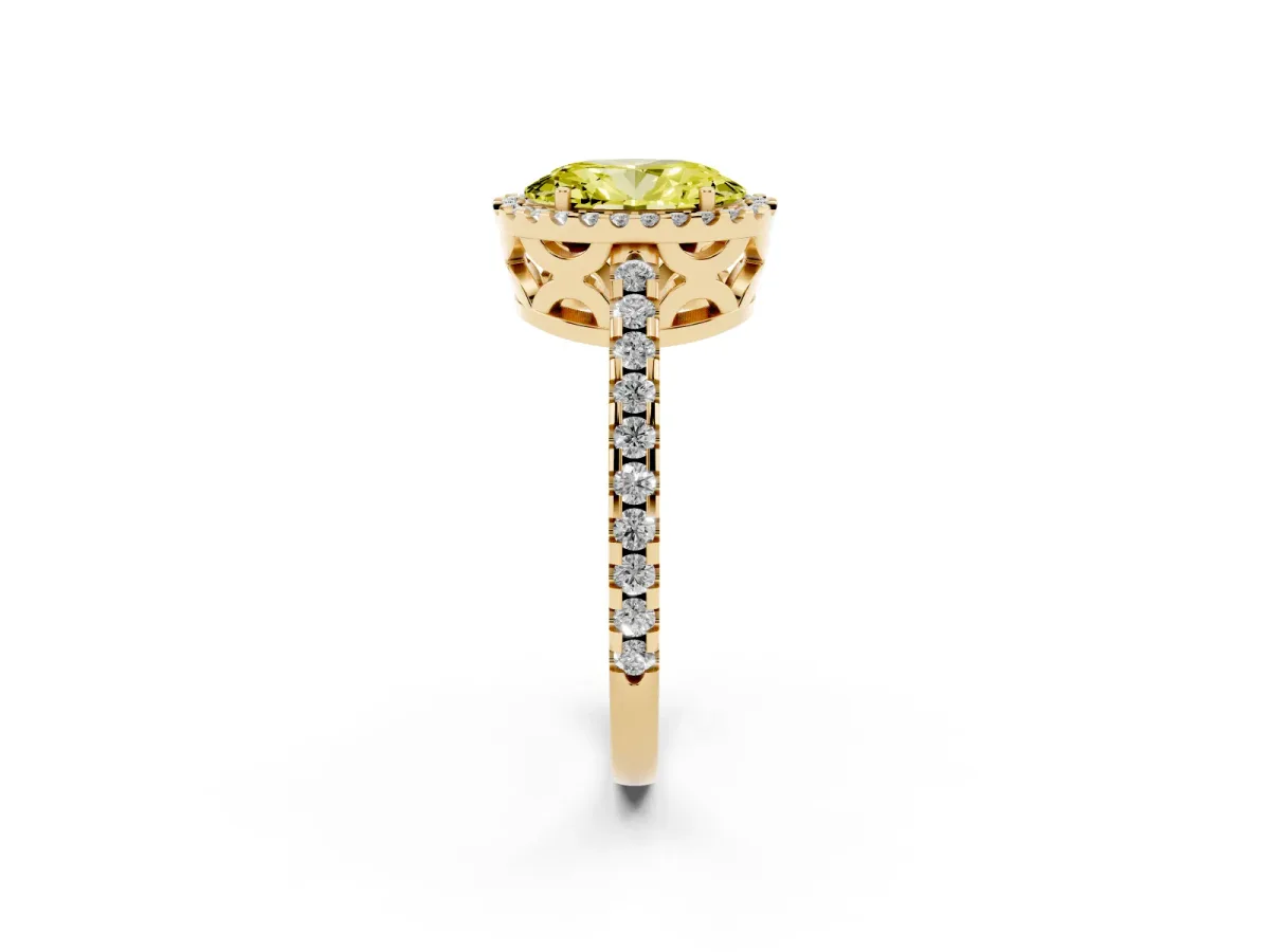 Fancy Yellow Oval Cut Diamond Halo Engagement Ring with Pavé Band and Prong Setting Yellow gold