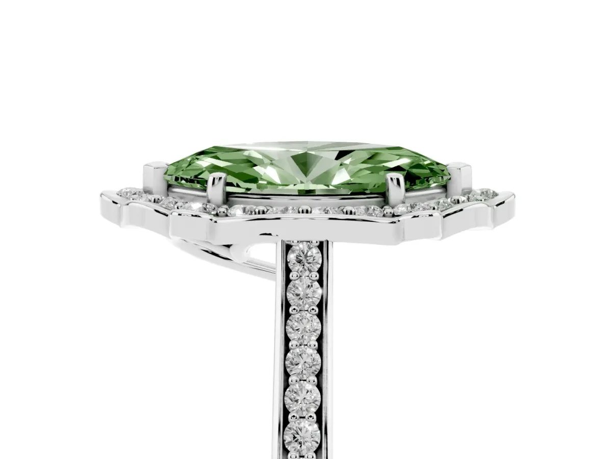 Fancy Green Marquise Cut Halo Round Diamond Pave Band with Four-Prong Setting Platinum