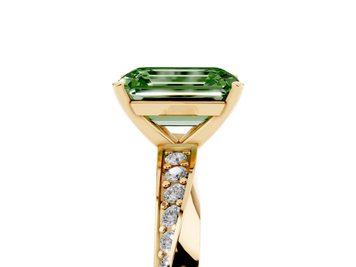 Fancy Green Emerald Cut Diamond Engagement Ring with Side Stone Accents and Four-Prong Setting Yellow gold
