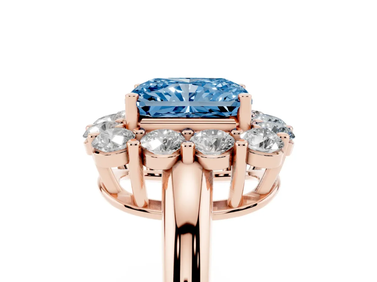 Fancy Blue Radiant Cut Halo Cluster Diamond Engagement Ring with Prong Setting and Polished Band Rose gold