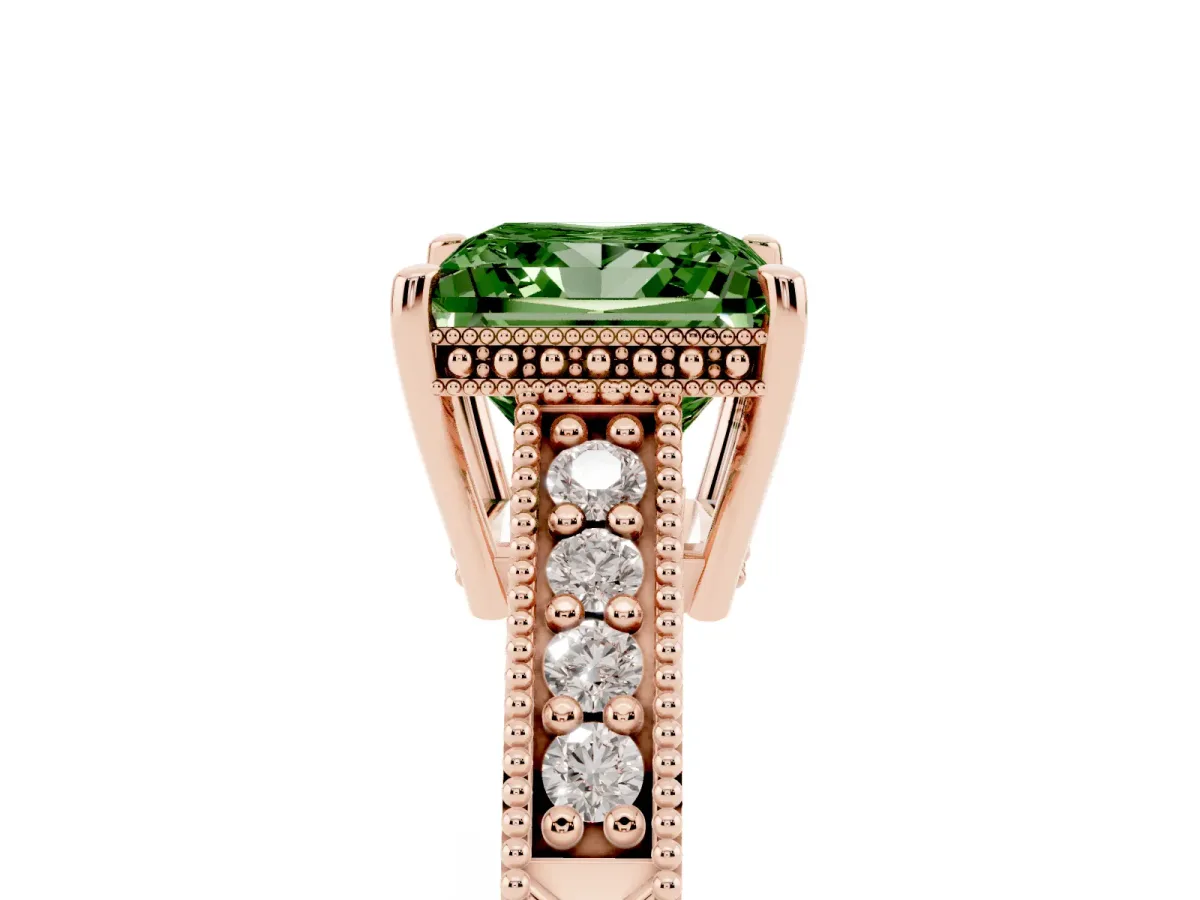Fancy Green Princess Cut Solitaire Pavé Diamond Milgrain Engagement Ring with Four-Prong Setting Rose gold