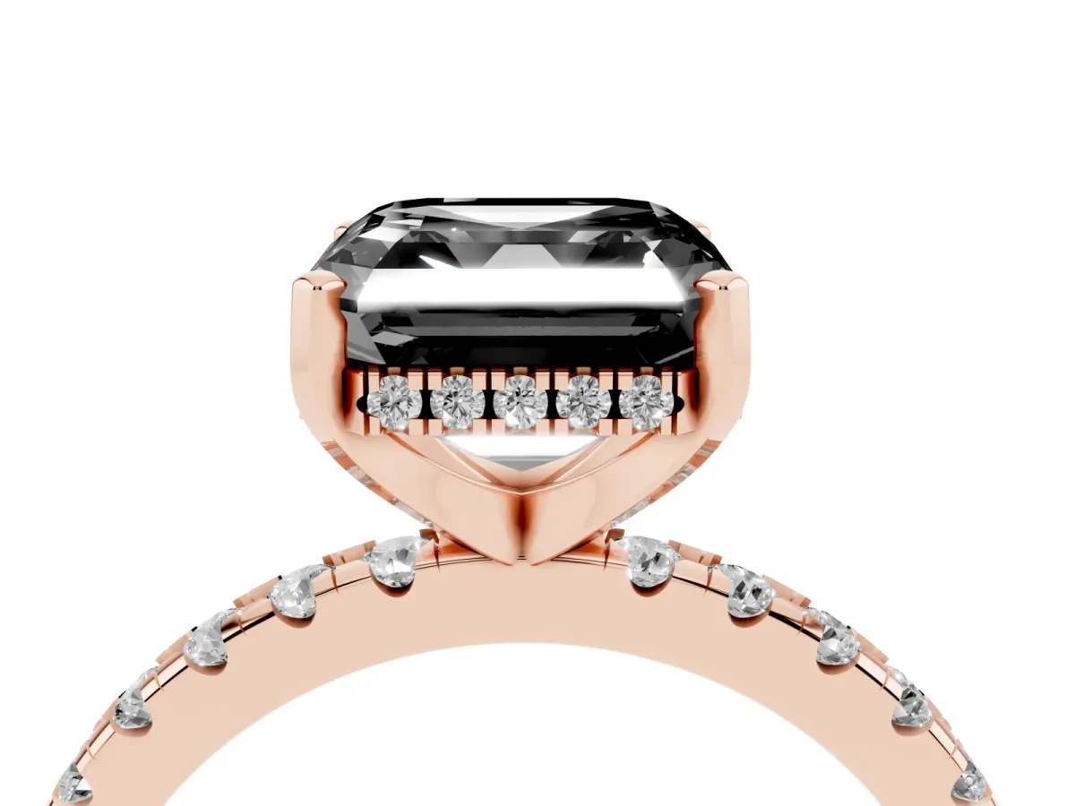 Fancy Black Asscher Cut Diamond Solitaire Ring with Round Pavé Band and Four-Prong Setting Rose gold