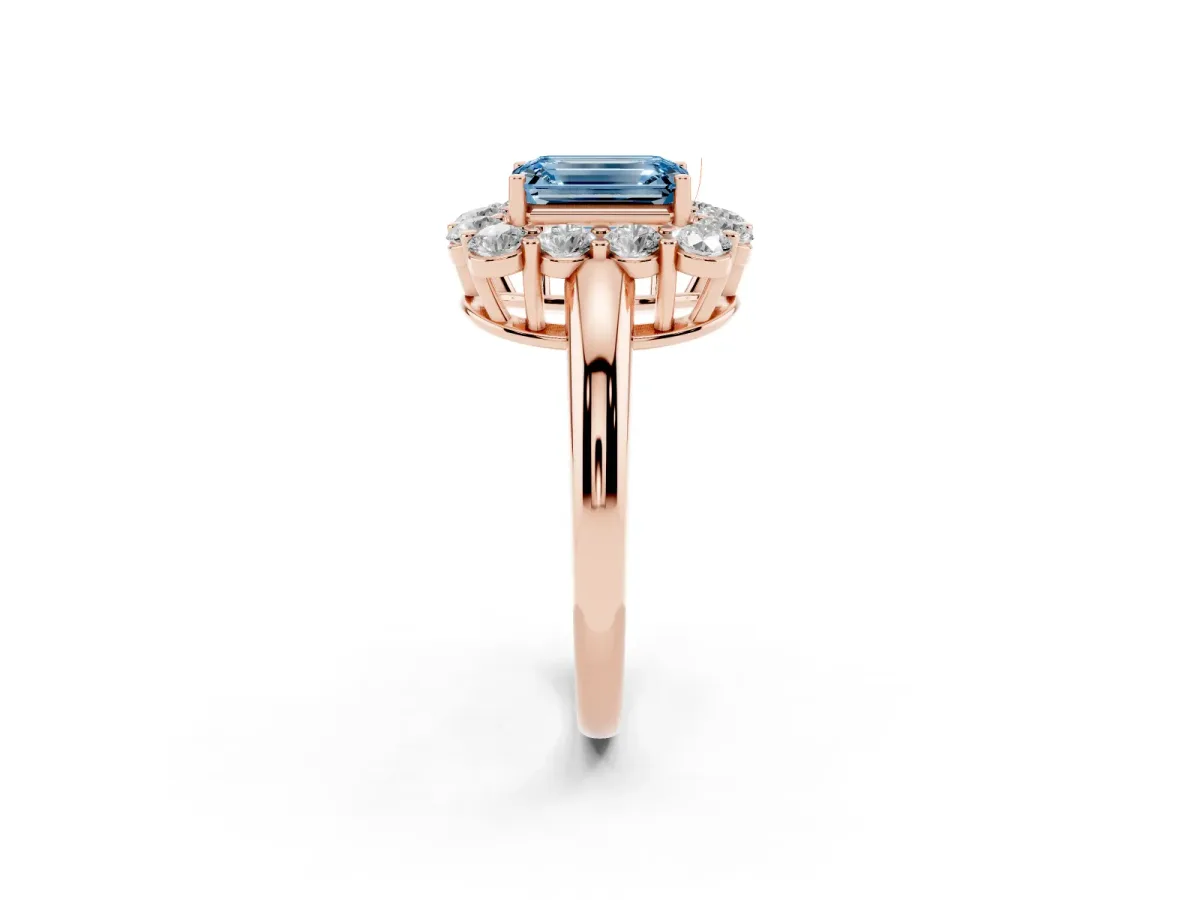 Fancy Blue Emerald Cut Halo Cluster Diamond Engagement Ring with Prong Setting and Polished Band Rose gold