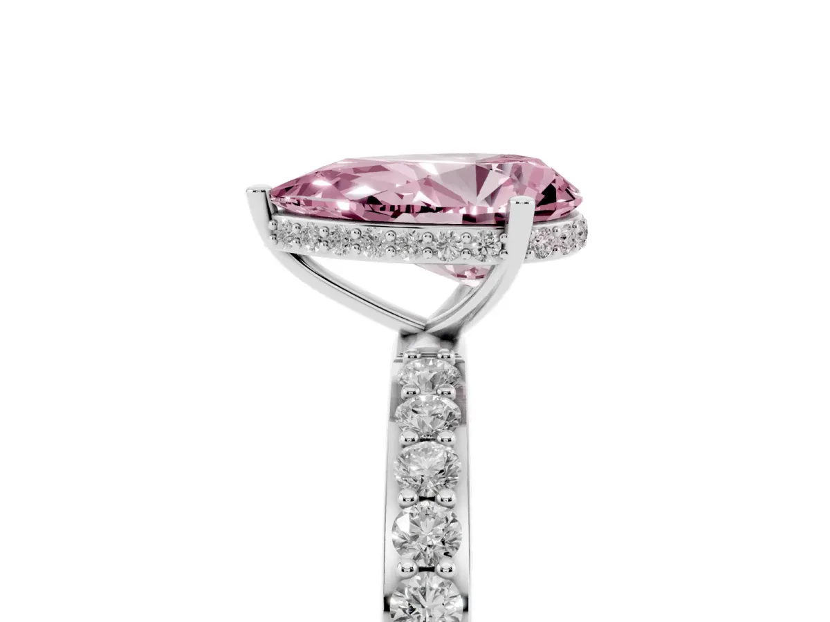 Fancy Pink Pear Cut Diamond Solitaire Ring with Pavé Band and Hidden Halo White gold