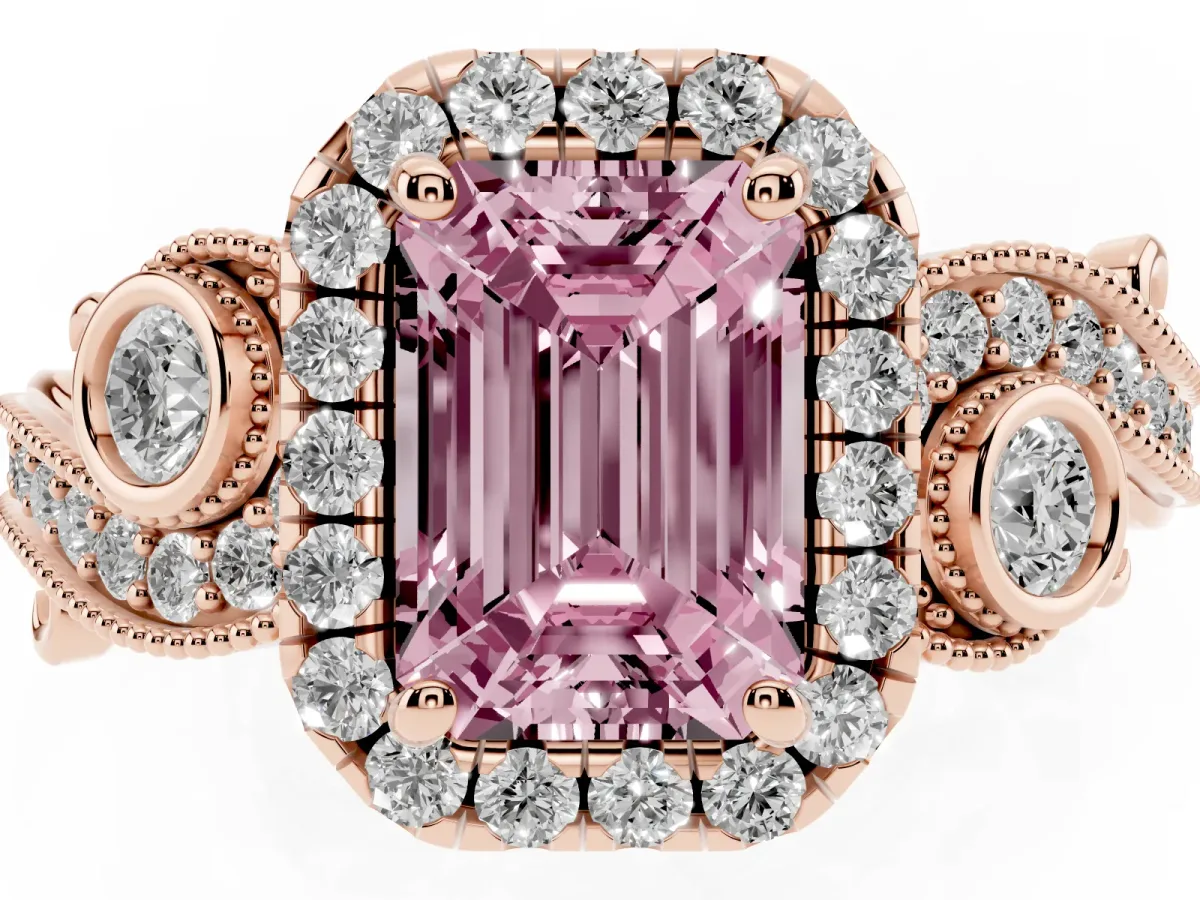 Fancy Pink Emerald Cut Diamond Halo Ring with Milgrain Pavé Band and Four-Prong Setting Rose gold