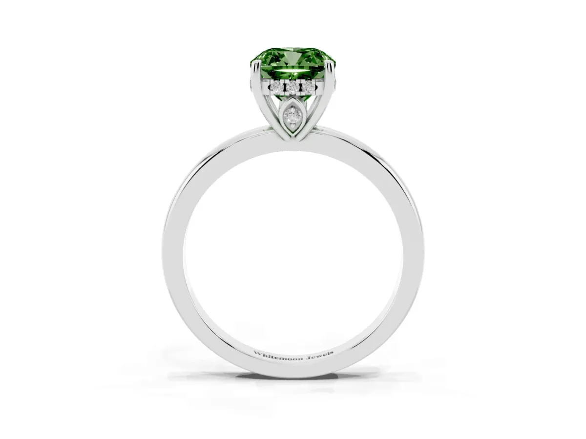 Fancy Green Cushion Cut Solitaire Diamond Ring with Prong Setting and Plain Band Silver