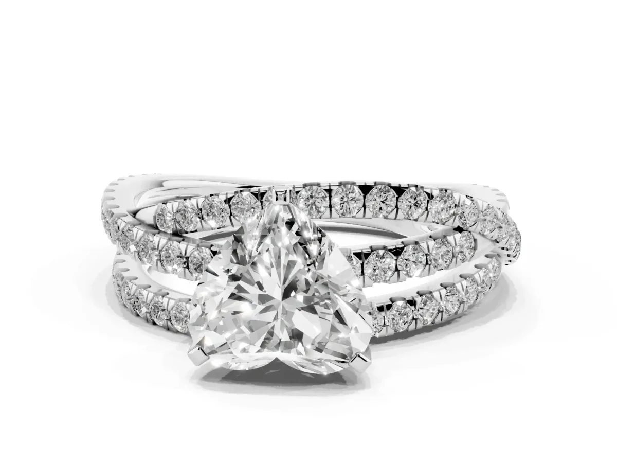 Heart Cut Solitaire Twist Band with Pavé Setting and Four-Prong Setting Silver