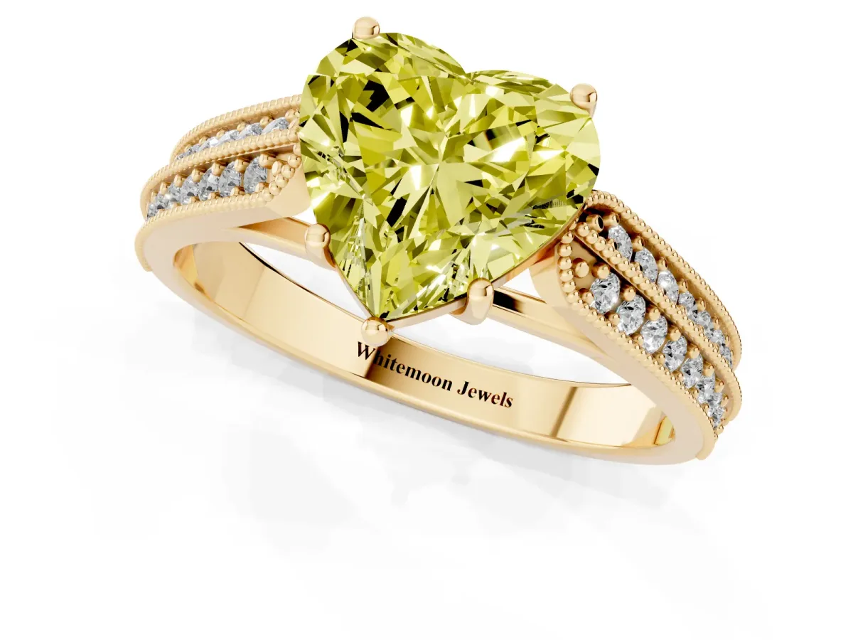 Fancy Yellow Heart Cut Cut Pave Split Shank Engagement Ring with Four-Prong Setting Yellow gold
