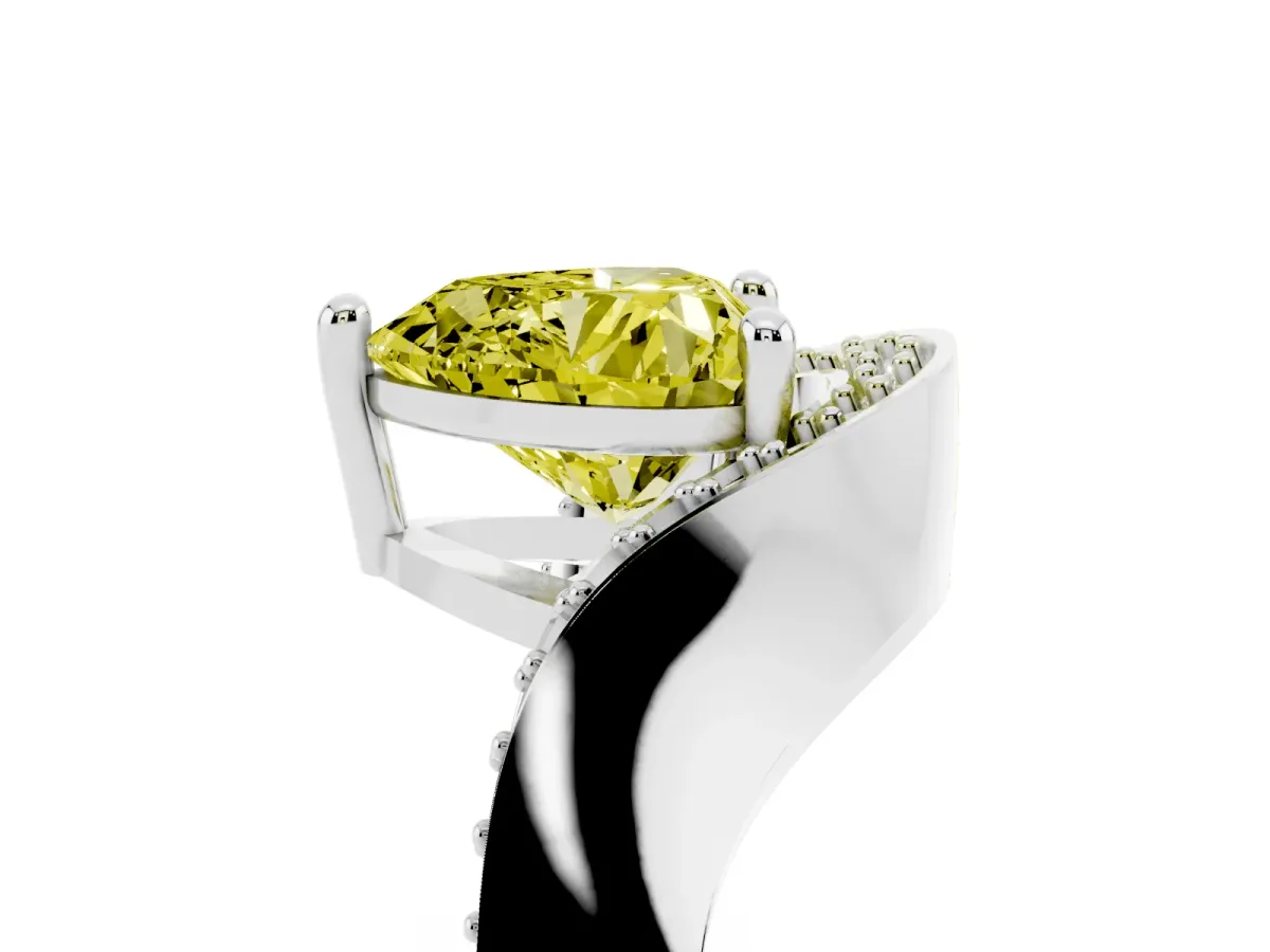 Fancy Yellow Heart Cut Solitaire Diamond Engagement Ring with Pave Band and Four-Prong Setting Silver