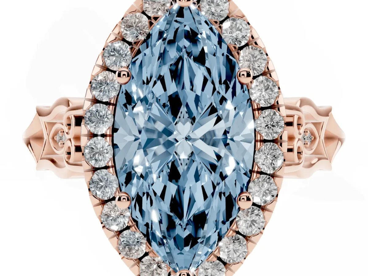 Fancy Blue Marquise Cut Halo Diamond Engagement Ring with Filigree Band and Four-Prong Setting Rose gold